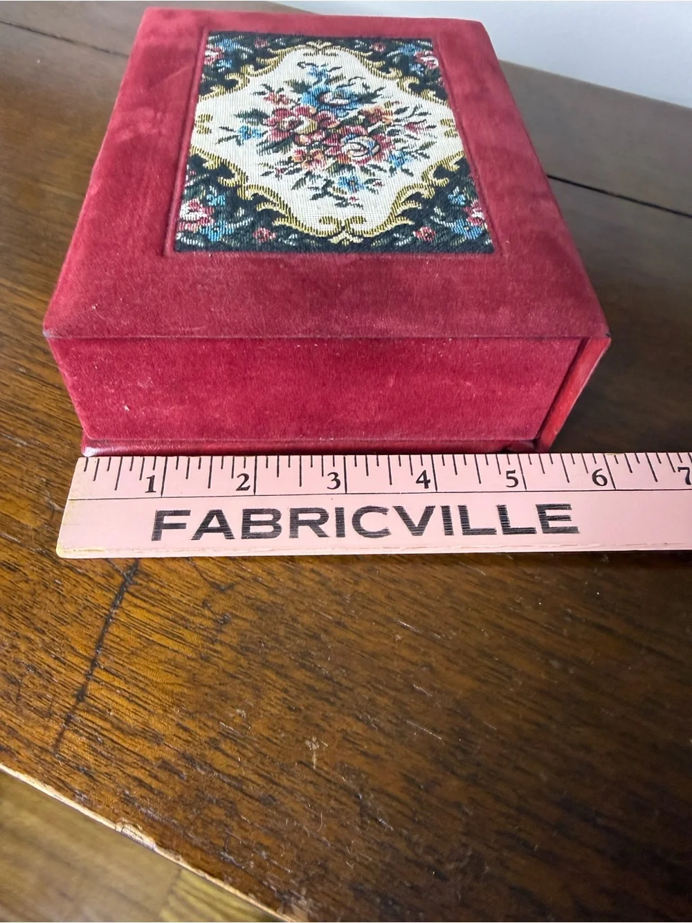 Vintage Red Velvet Jewelry Box Floral Needlepoint Lid Interior Mirror
